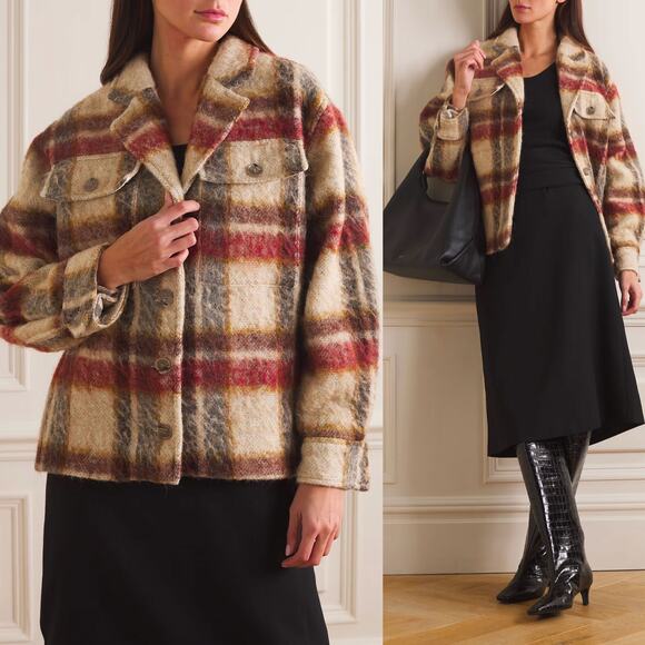 ANINE BING NWT Flynn Wool Alpaca Blend Jacket in Oatmeal Plaid Size L - Picture 1 of 17